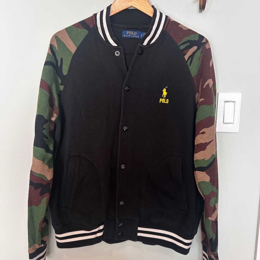 Polo Camo-Sleeve Baseball Jacket- SMALL